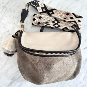 Kempton & Co Suede & Leather  Taupe Crossbody Bag w Woven Strap & Tassle